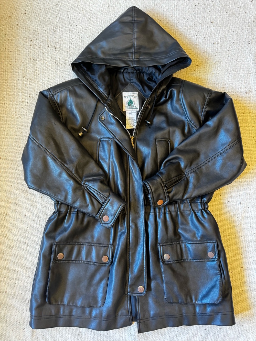 Northwest Territory Women's Black Faux Leather Hooded Utility Jacket Size M Y2K